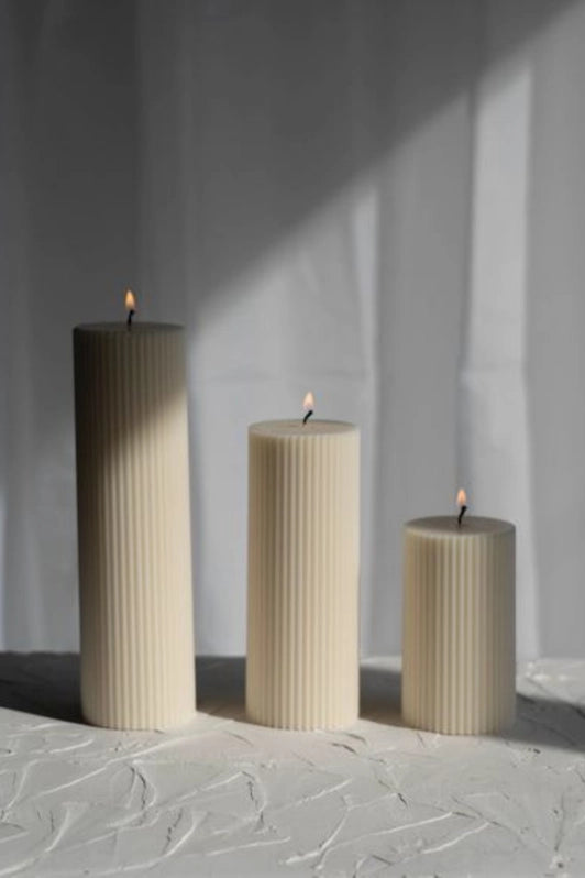 Medium Latte Small Cream Ribbed Pillar Candles